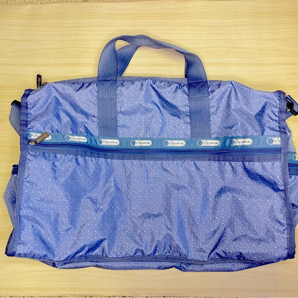 Lesportsac Light Blue Dot Denim Pique Large Weekender Travel Duffle Bag Jean